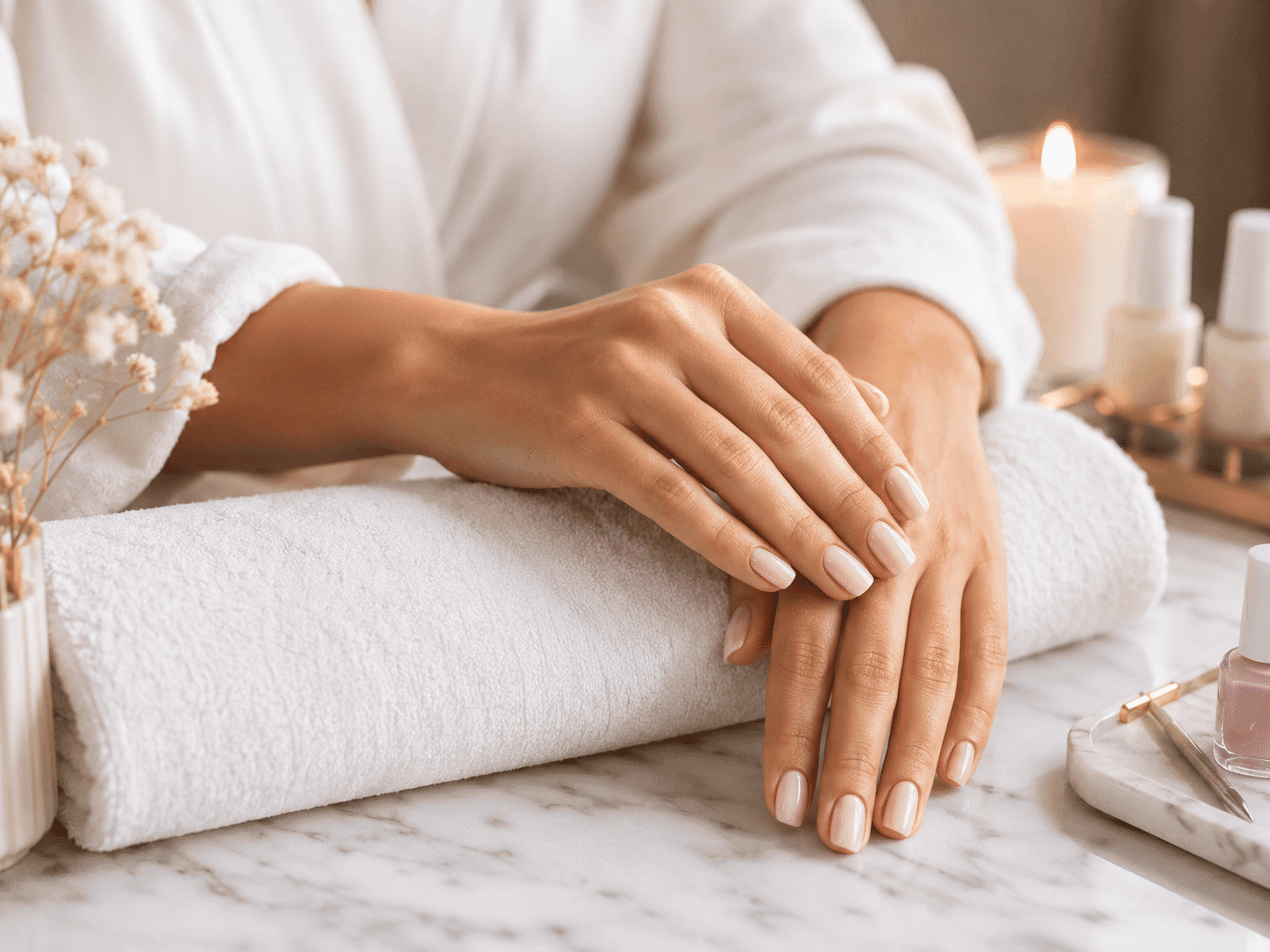 Elegant hands with manicured nails on a rolled towel, surrounded by candles and nail polish.