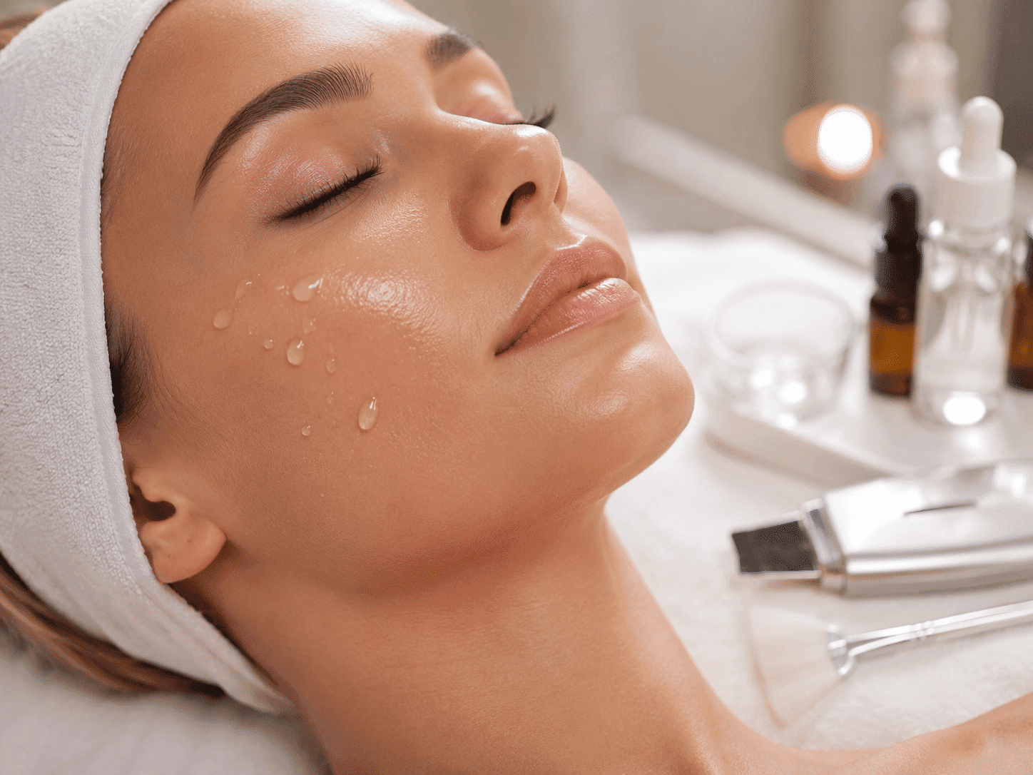 Facial treatment on woman with towel headband, skincare products on the table.