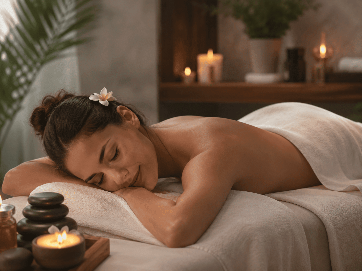 Woman relaxing with a massage, surrounded by candles and soothing decor.