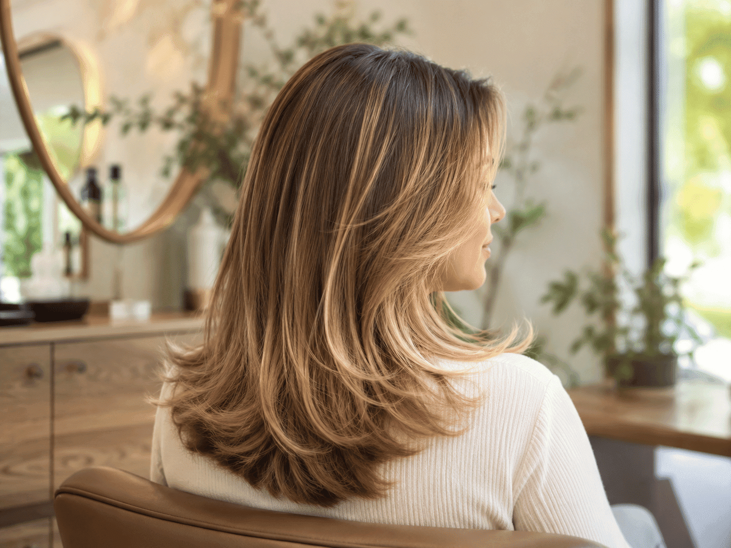 Female seated in salon with highlighted, shoulder-length hair, surrounded by plants.